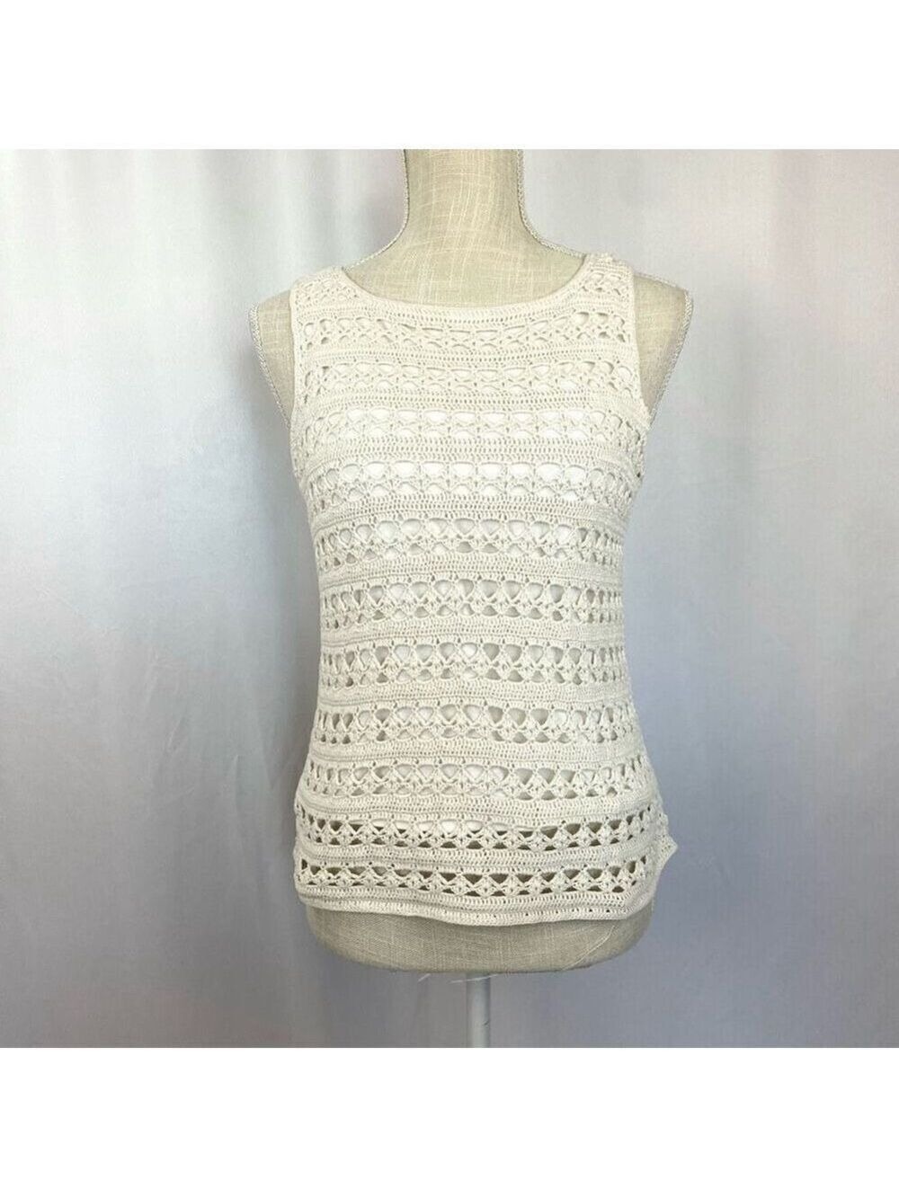 VTG Y2K Crochet Top Tank Sleeveless Women’s L Cream Lined Charter Club